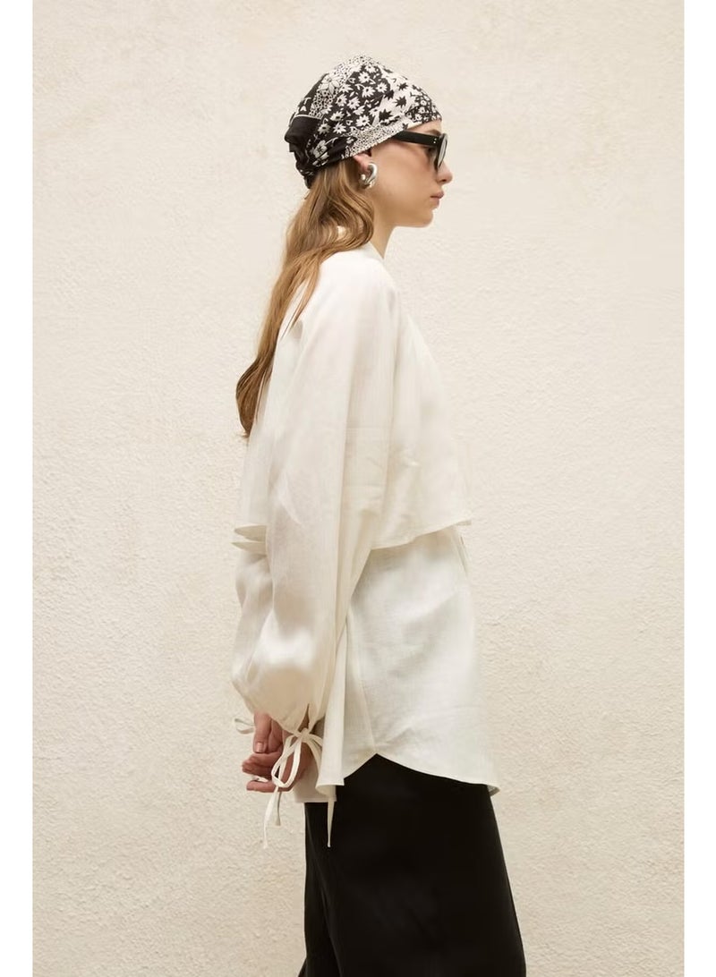 Manuka Linen Trench Coat Shirt Ecru - Image 4